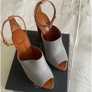 Rebecca Minkoff Ragini Womens 9.5 Gray tan Gold Lined Peep Toe Ankle Strap